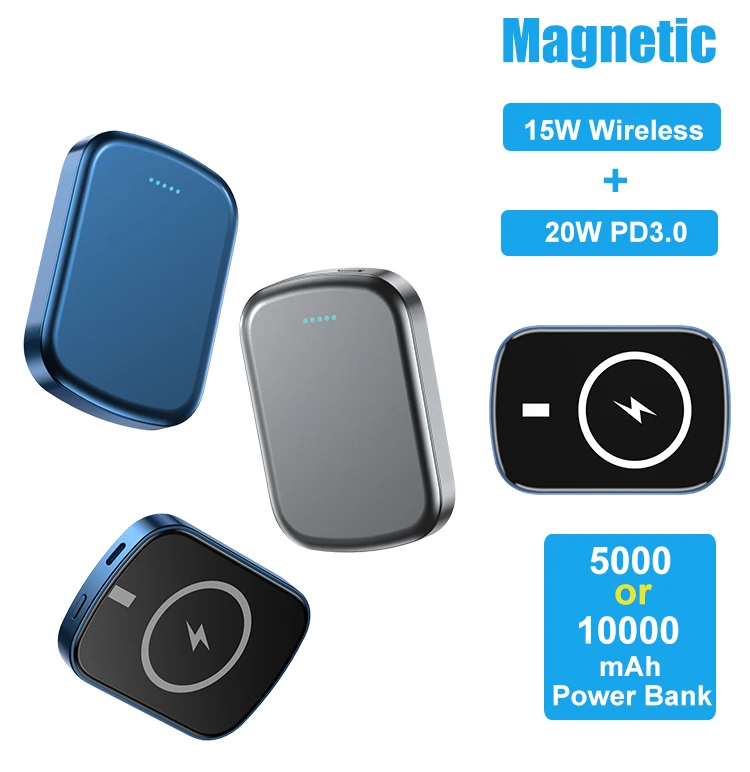 Good quality 10000 mah support type-c 20W PD wired and 15W wireless 2 phones charge sharing mini magnetic power bank