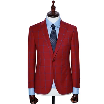 new design red and blue big check fabric blazer mens tailored one button patch pocket custom embroidery suits for men