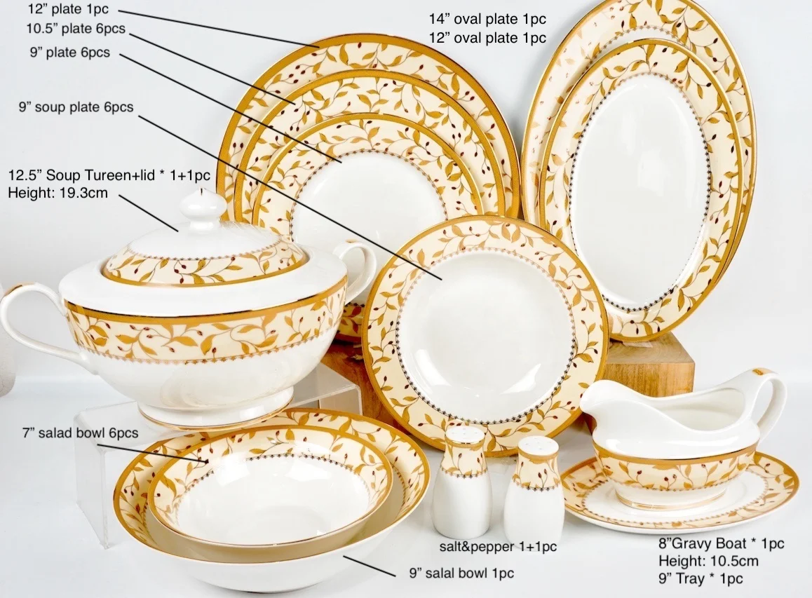 Vajilla Vintage De Porcelana, juego De cena con borde dorado