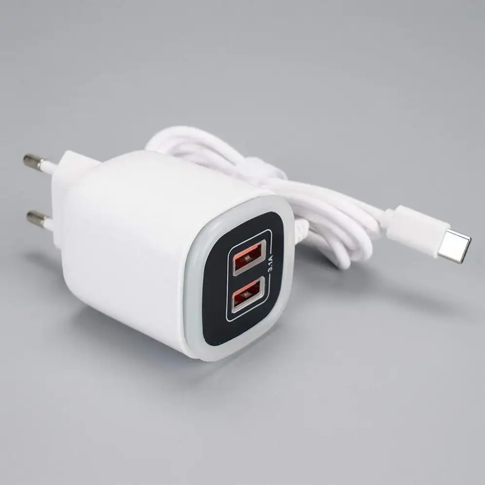 EU Europe Plug Pin 1 USB-A adaptive fast charger with cable Light Ring Hot selling multi USB charger port mobile phone charger power station 24 usb port travel charger