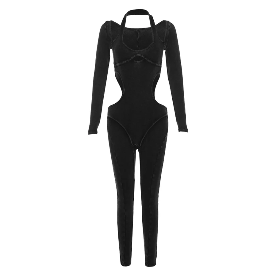 Kliou K23q35725 Fall Ladies Jumpsuits Long Sleeve Hollow Out Tight ...