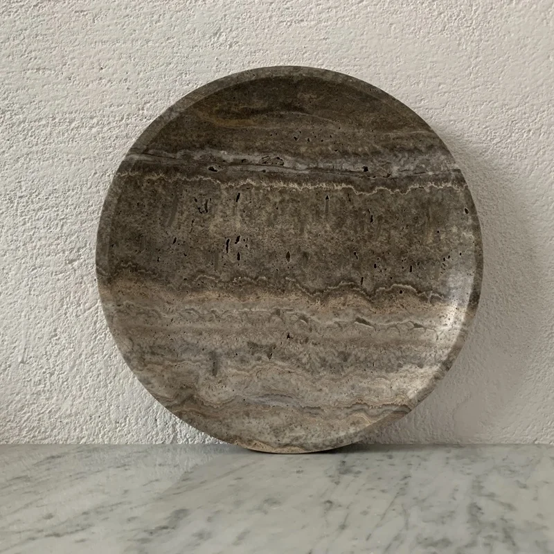 Серебристо-серый травертин лоток dia30x3cm с тонкими краями травертин круглый лоток