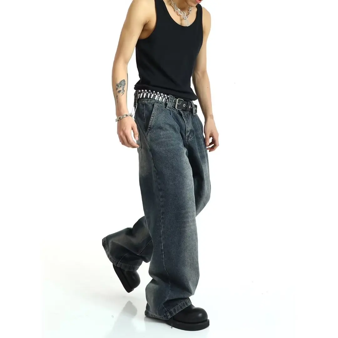 Herren Loose Fashion Baggy Stack Jean Washed Jeans mit weiter Länge Vintage Stonewashed Denim Hose mit weitem Bein_voghion.com