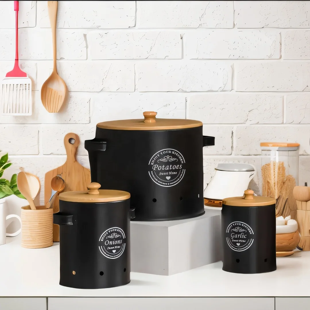 Stackable Steel Vegetable Storage Bins Metal Canisters Set Garlic Potato Onion Vegetable Keeper Storage Box Jars Set