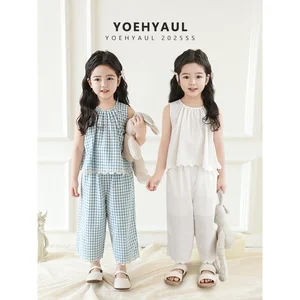 YOEHYAUL X4934 Country-style Girl Sleeveless Top Long Pants Set Summer Thin Breathable Plaid Printed Lace Sleeveless Set Kids