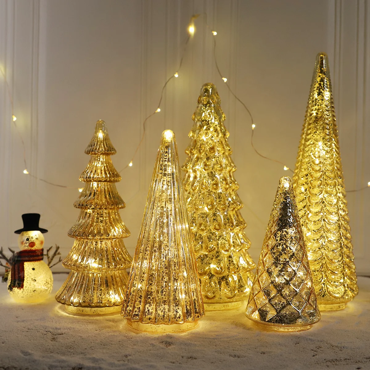 Small LED Christmas Glass Golden Tree Artificial Mini Tree handmade Colorful Xmas Decor