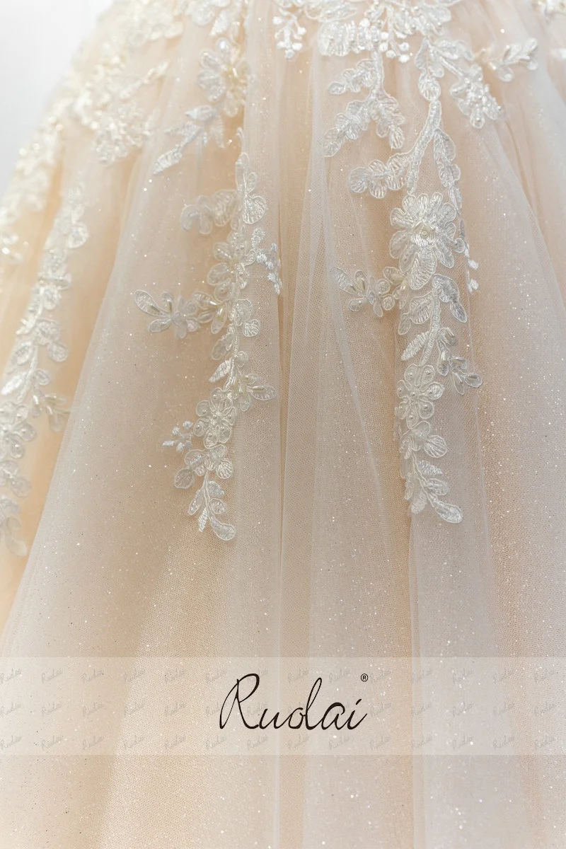 Ruolai QW01182 Illusion Scoop Neckline Crystal Beaded Lace Appliqued Glitter Layer A-Line Bride Gowns Wedding Dress Ruolai QW01182 Illusion Scoop Neckline Crystal Beaded Lace Appliqued Glitter Layer A-Line Bride Gowns Wedding Dress