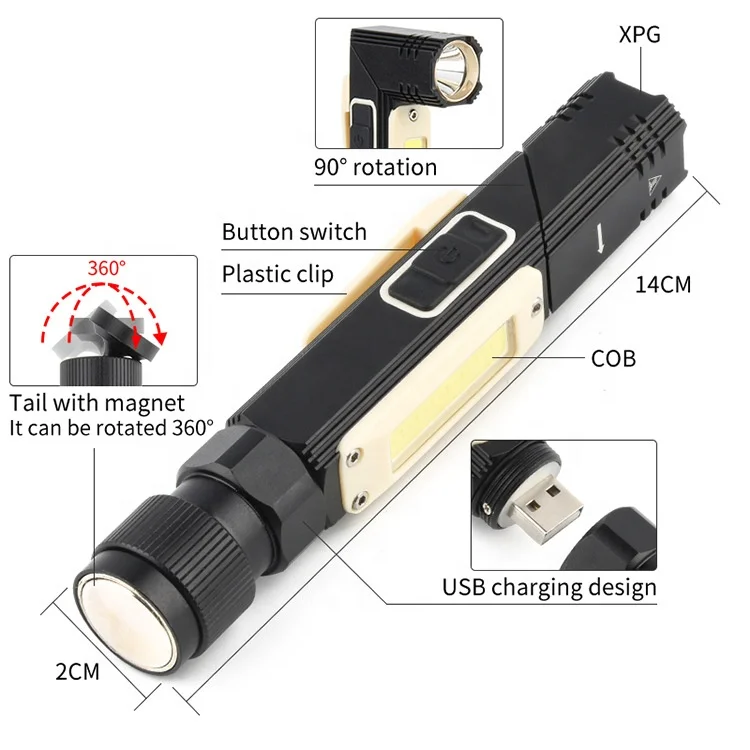 USB Rechargeable COB Led Work Light with Magnet Could 360 Degree Rotate the Lamp Holder Can Rotate 90 Degrees