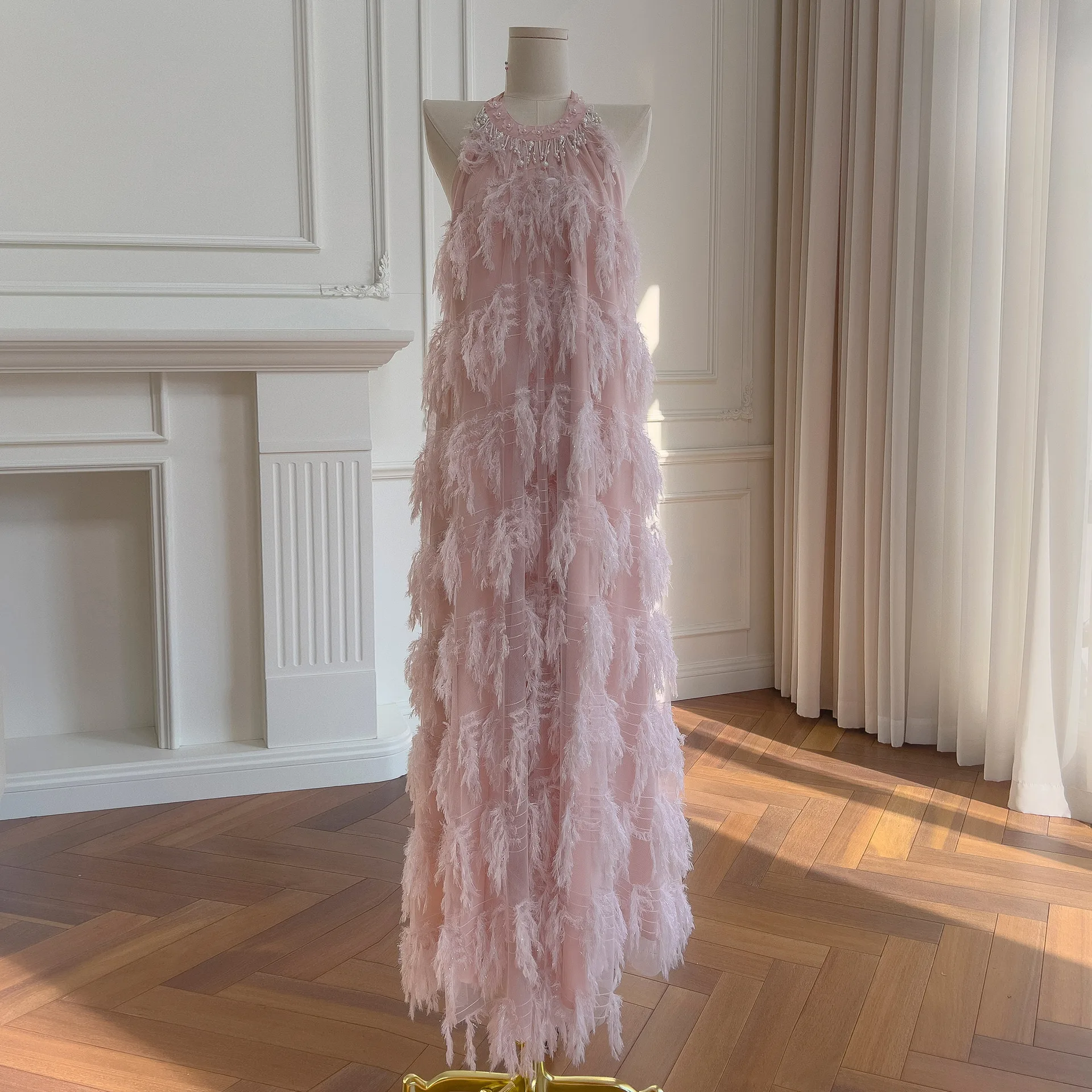 AELESEEN Fashion Tassels Pearl Dress Women's Round Neck Feathers Sleeveless Halter High Waist Dresses 2025 Summer New Party
