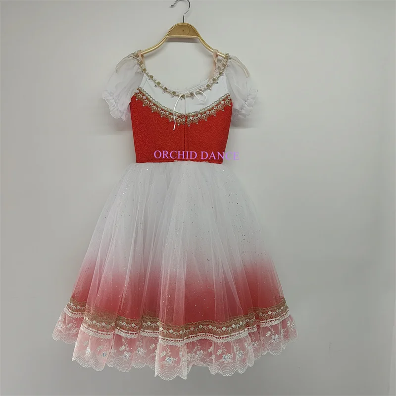 Professional Unique Design Kids Girls Adult La Fille Mal Gardee Performance  Wear Ballet Costume Long Ombre Red Romantic Tutu