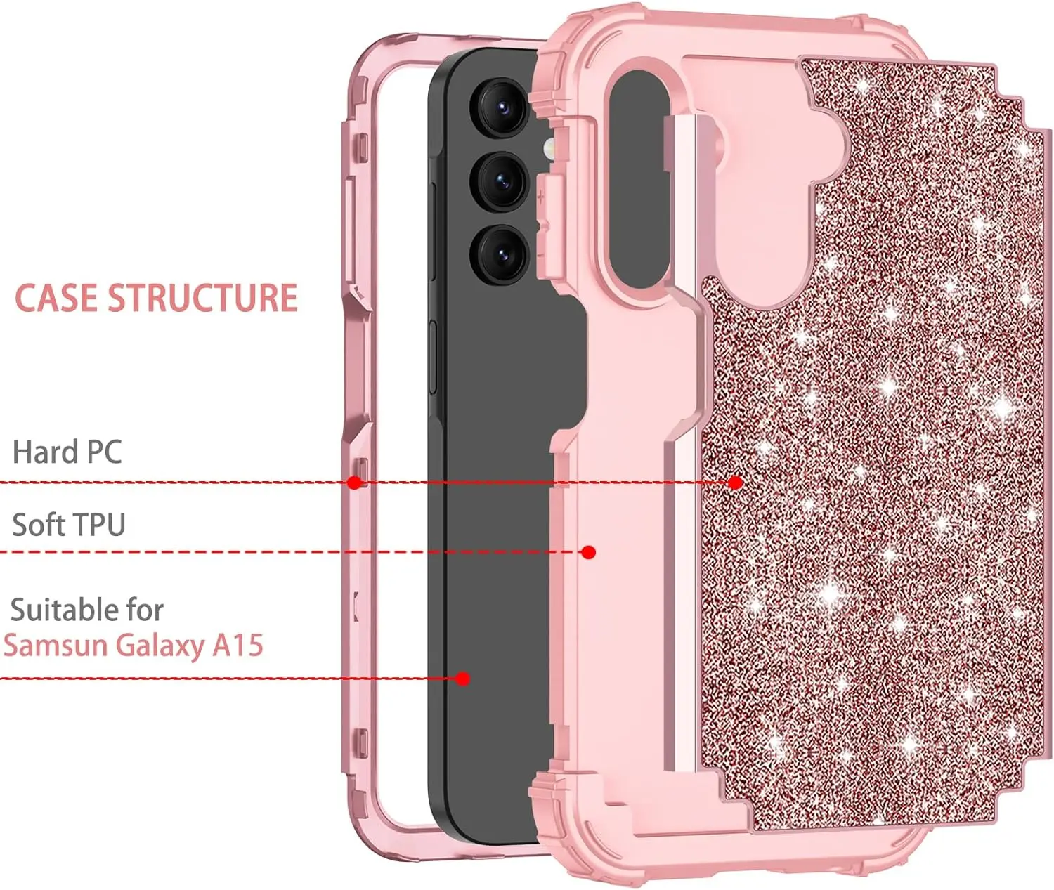 Case for Galaxy A15 5G Glitter 3 in 1 Shockproof Heavy Duty Hybrid  Protective Cover Shiny Luxury Case for Samsung