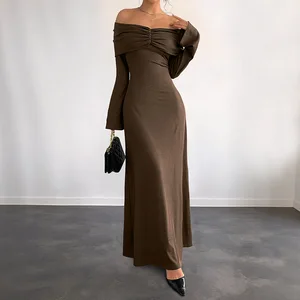 The 2025 Autumn New High-end Brown One-shoulder Slimming Dress with a Mature and Elegant Style for Women