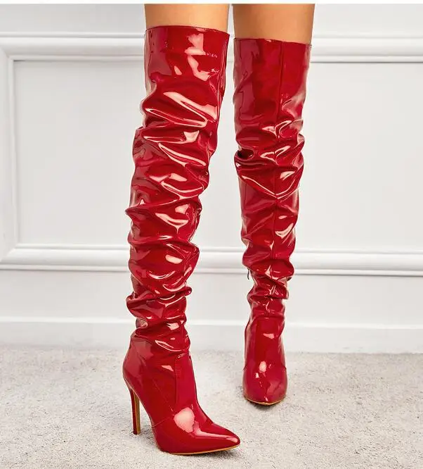 Fashion Autumn Elastic Zipper Over The Knee Boots Patent Leather Black Sexy High Heels Women