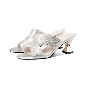 Moncheer Women's Sexy Anti-Slip Club Rhinestone Pearl Embellished Open Toe Mules Luxury Slip-On Sandals with Geometric Gold Heel