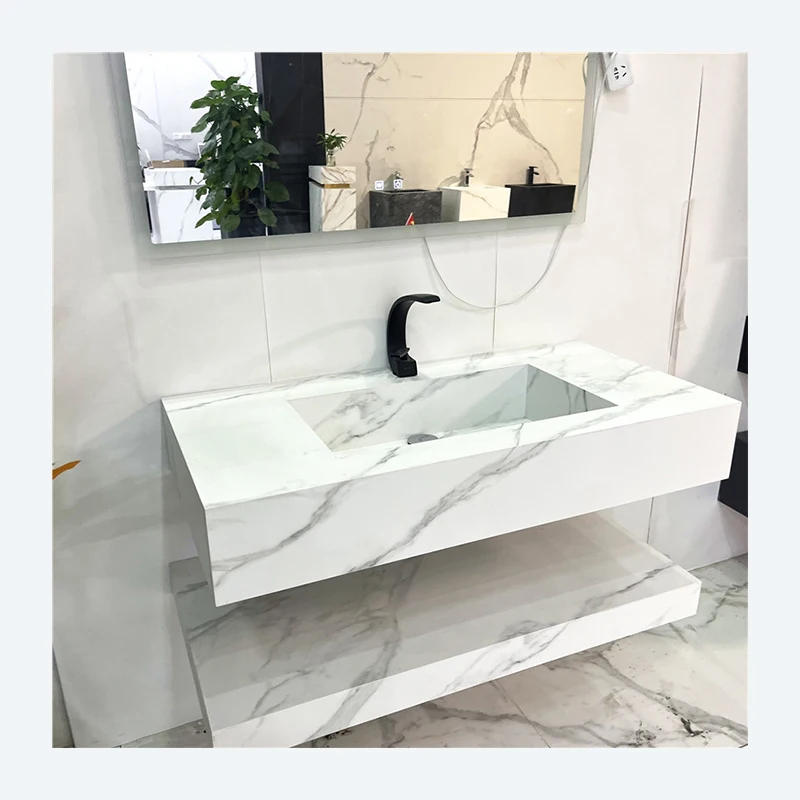 Wholesale White Calacatta Sintered Stone Bathroom Vanity Top Cabinet With LED Mirror Hotel Vanity With Sink Bathroom Cabinet