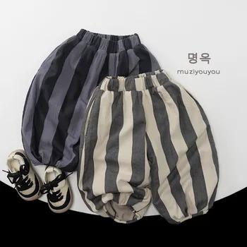 Korean Style Boys Girls Cotton Fleece-Lined Thickened Striped Wide Leg Pants 2025 Winter New Japanese Style Children's