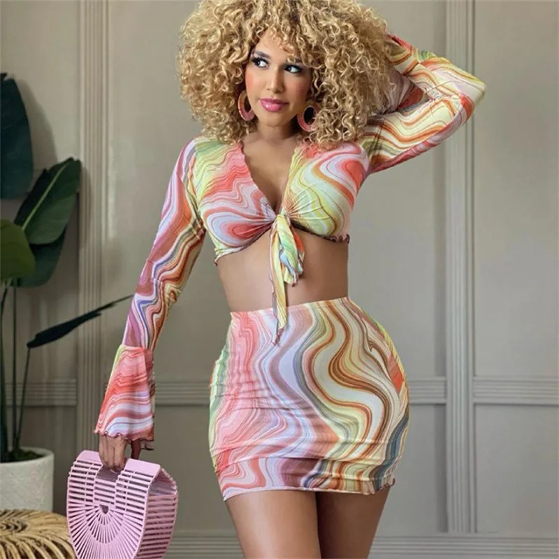 New Women Casual Dresses Printed Sexy See Through Mesh V-Neck Crop Top Two Piece Dress Set Vacation Clothing Fashion 2021