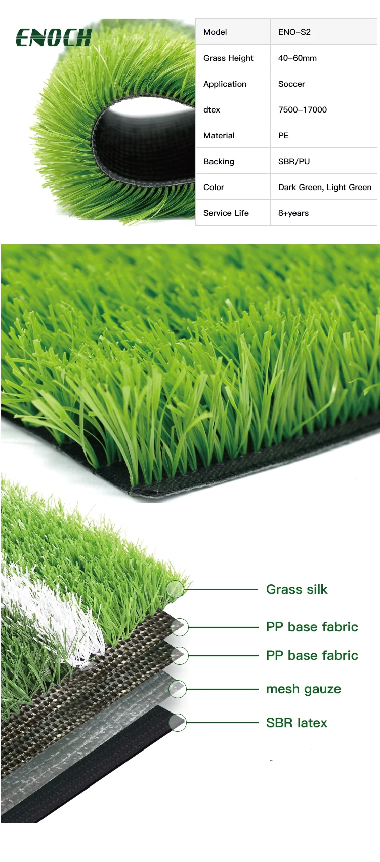 High Density Synthetic Football Turf with 14700 Density and More than 10 Years Service Life in 2.0 m, 4.0 m Roll Width