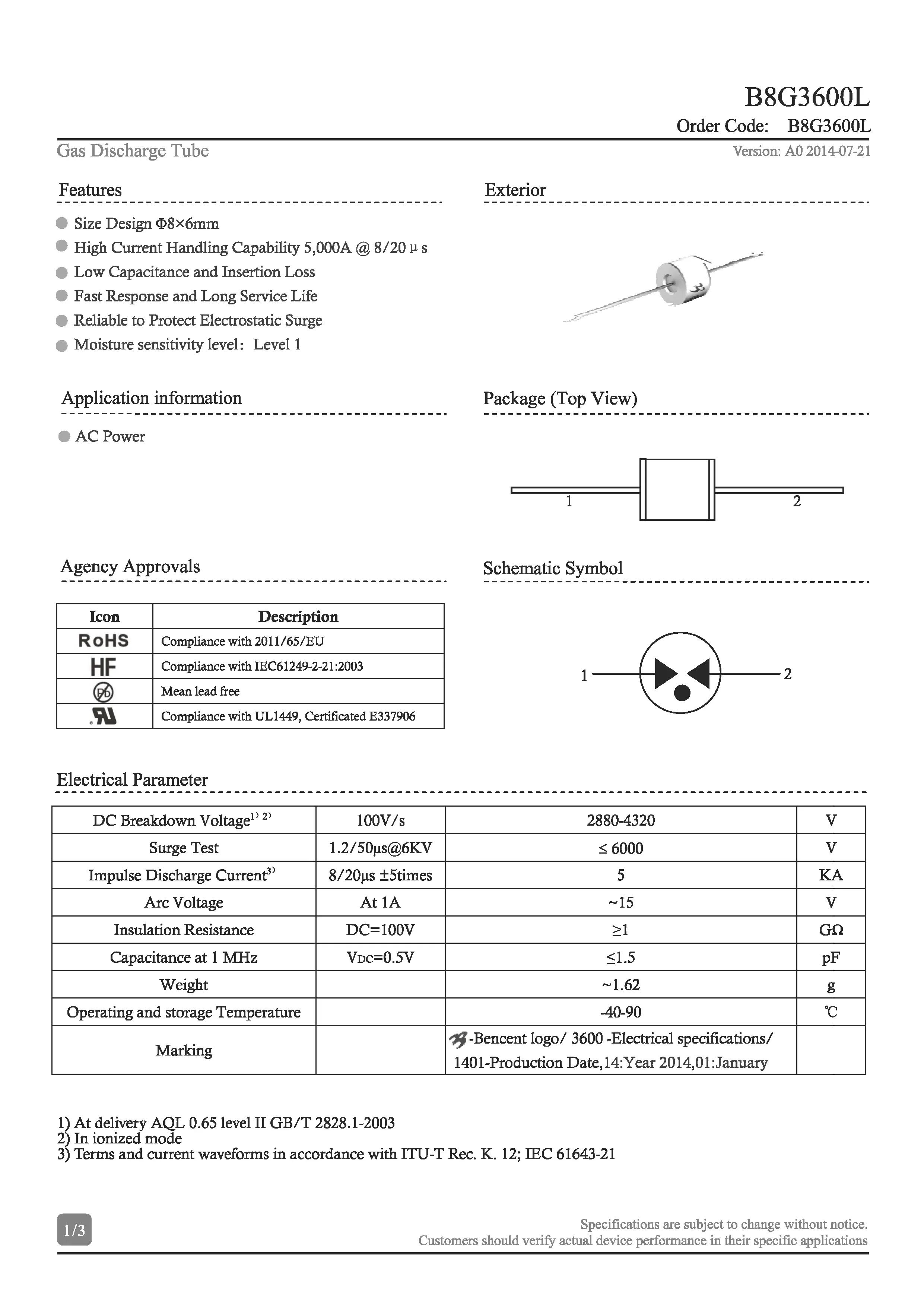 Gdt Gas Discharge Tube B8g3600l Dip High Current Handling Capability