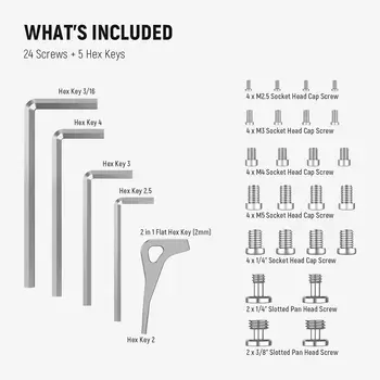 NEEWER Screws and Hex Keys Storage Plate Kit, 5 Hex Keys & 24 Stainless Steel Screws: 3/8" 1/4" M2.5 M3 M4 M5, Compatible with detail image