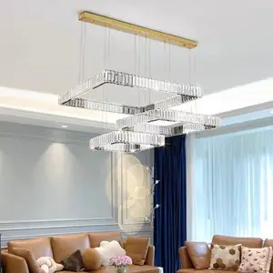 Adjustable Height Square Crystal Chandelier and Pendant Lights for Home Living Room Dining Room Hotel Ceiling Decoration