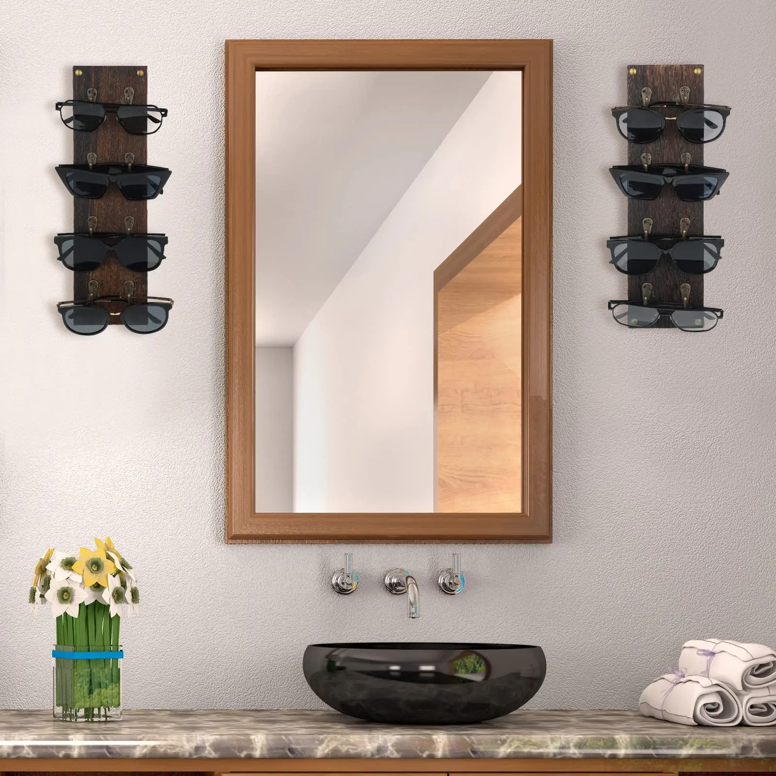 product rustic wooden sunglasses holder wall mounted eyeglasses organizer rack for 4 pairs glasses display storage wall decoration-6