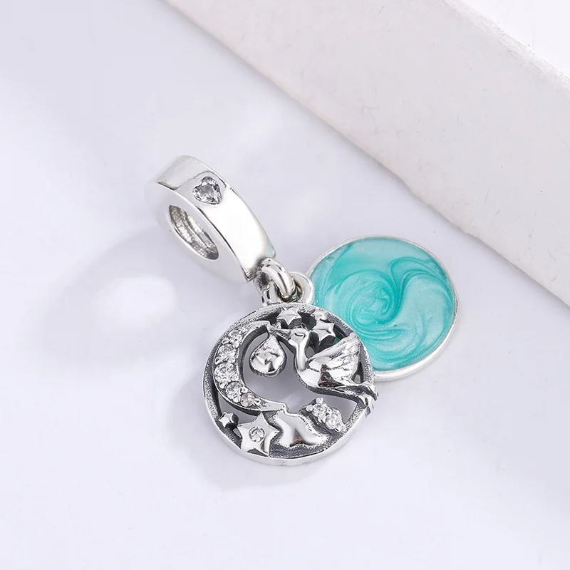 
 trendy light blue enamel stork & twinkling cubic zirconia star cz pendant fit bracelet DIY jewelry gift  