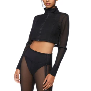 Custom Wholesale Women Active-wear Hollow Out Mesh Jacket  Full Zip up Sweatshirt Sheer Jacket Crop Top With Pockets