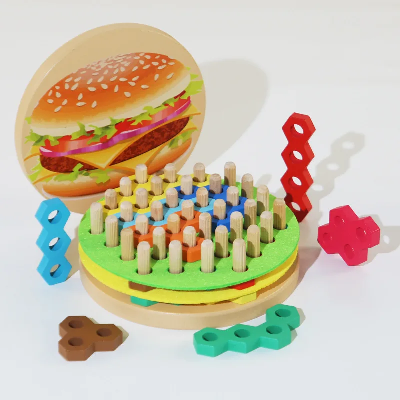 Unisex Wooden Puzzle Hot Dog Hamburger Column Building Block Kids' Early Education Enlightenment Logical Thinking Wholesale