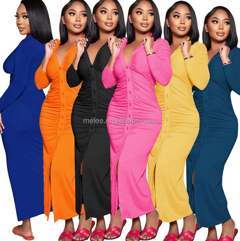Y212040 Elegant Casual Women's Dresses Autumn Winter Casual Folds Solid Long Dresses Button Up Long Sleeves Sexy Dress