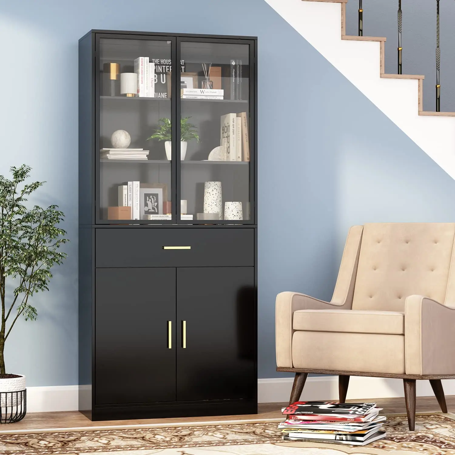 Freestanding Kitchen Pantry Storage Containers with Glass Door Wood Sideboard Buffet and Credenza for Dining Organization