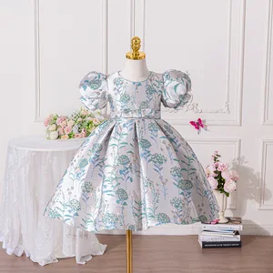 Hot Selling Children Formal Summer Floral Embroidery Knee-Length Girls Dresses for 5 Years Old Birthday Princess Frock Washable
