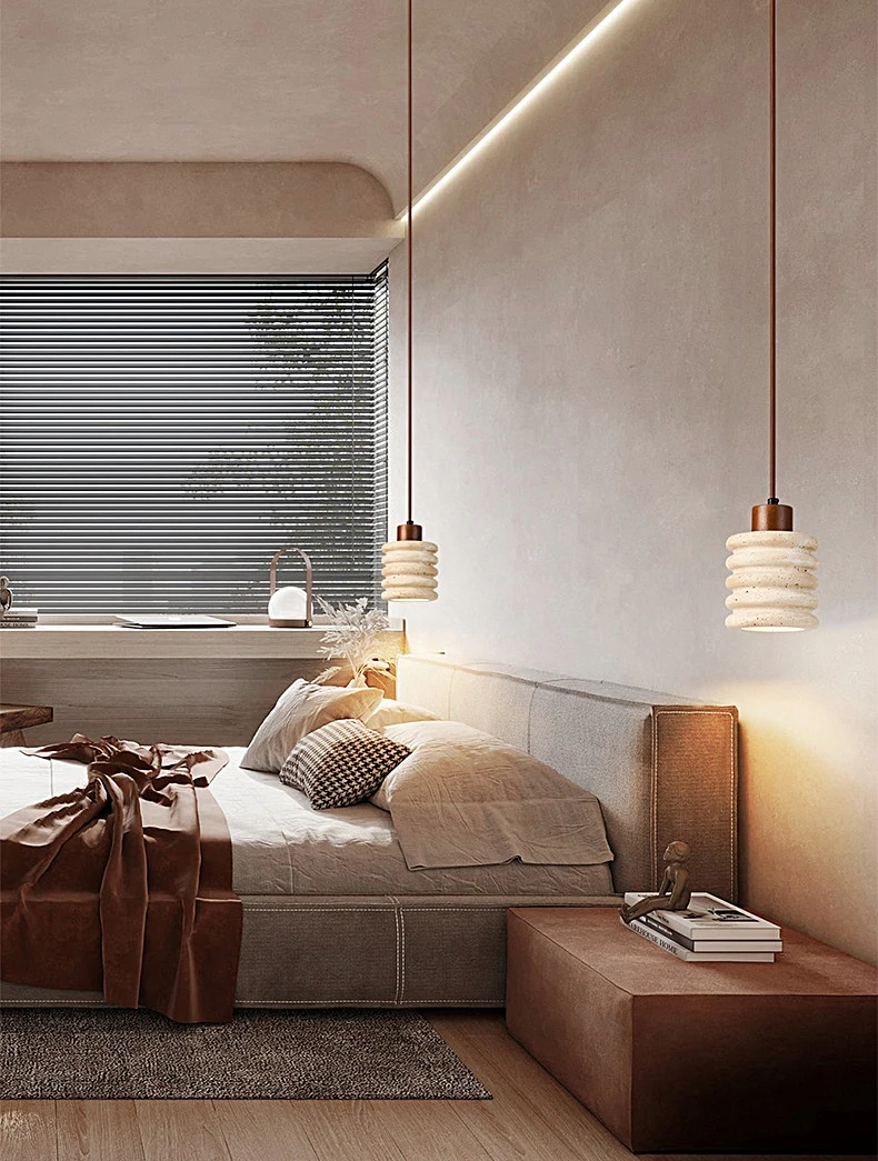 Natural Travertine Pendant Light Modern Wabi Sabi Stone Hanging Lamp Minimalist Dining Room Chandelier Wooden Accent Lighting