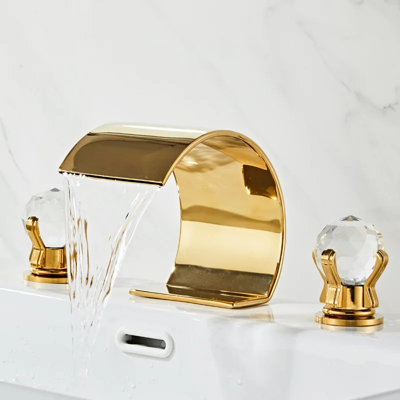 Luxury Bathtub Waterfall Faucet Dual Crystal Handle Gold Bathtub Faucet