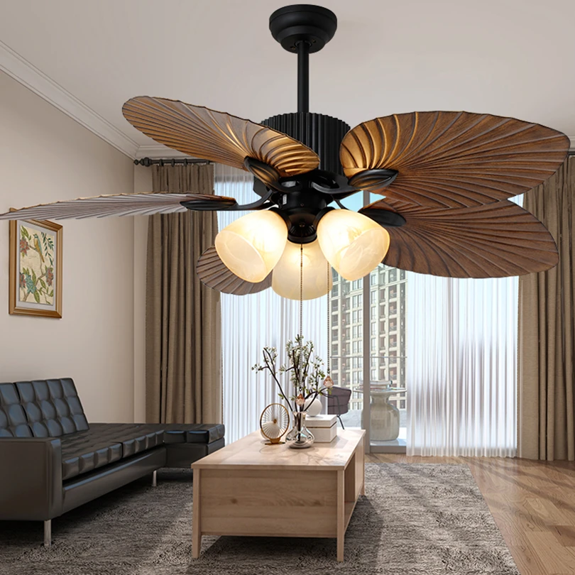 Gros ventilateur de plafond BLDC réversible à lampe, pales en feuilles de bananier médiévales, ventilateur de plafond moderne avec lumière et télécommande