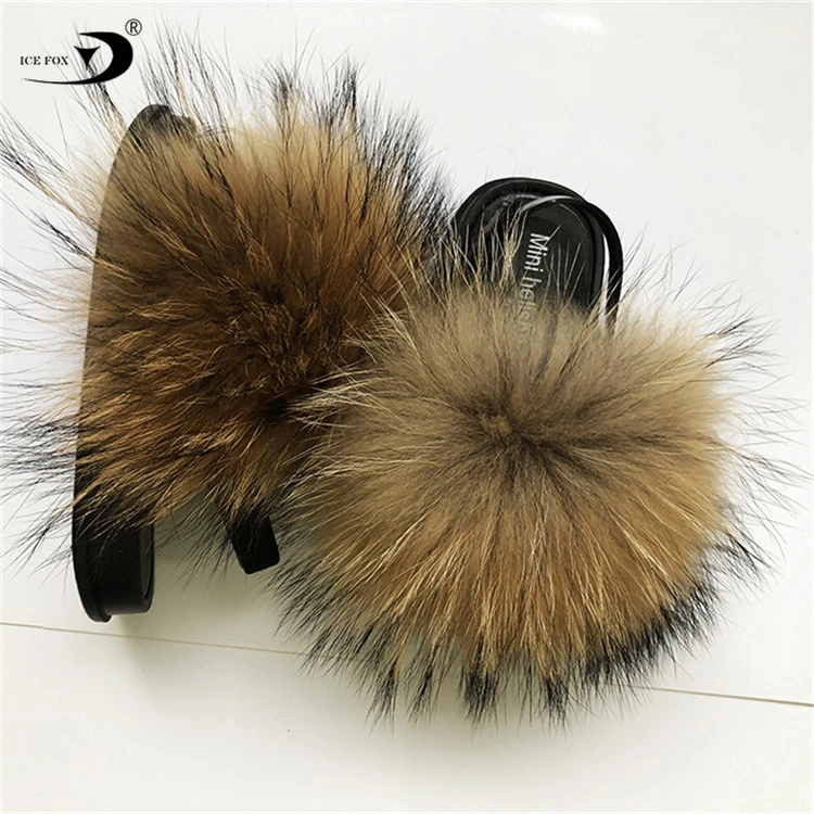 Factory Price 2021 New Colorful Real Fox Fur Sandals With Strap Toddler Kid Fur Slides
