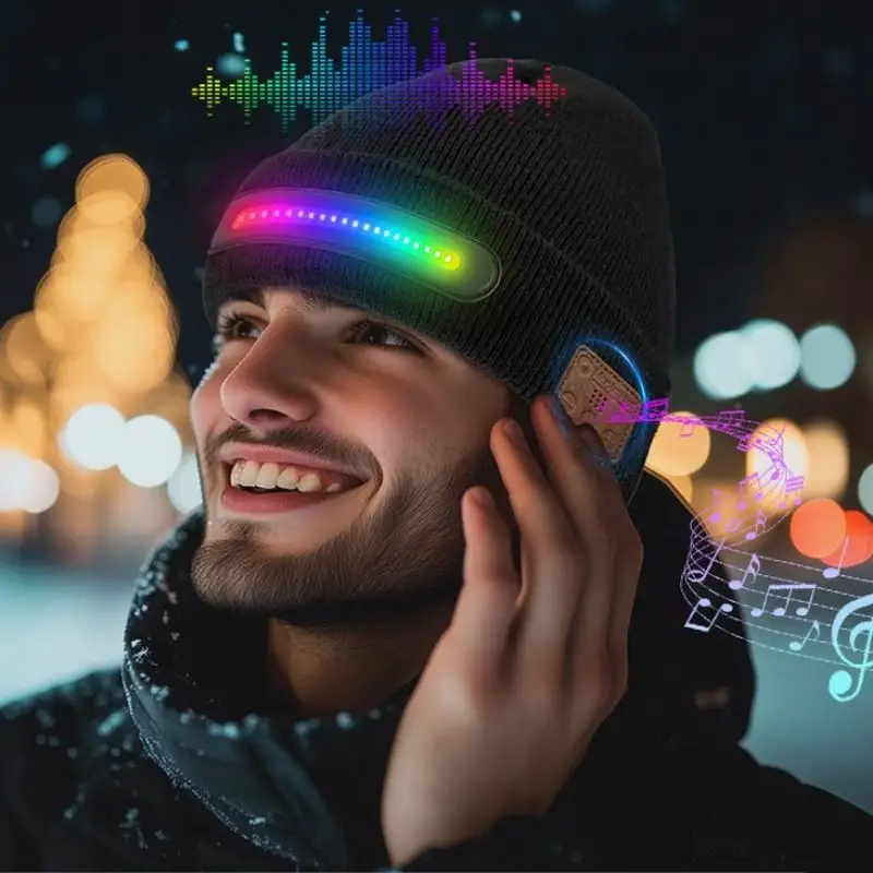 Headphones with Built-in Speaker Mic Bluetooth LED Light Beanie display picture 1