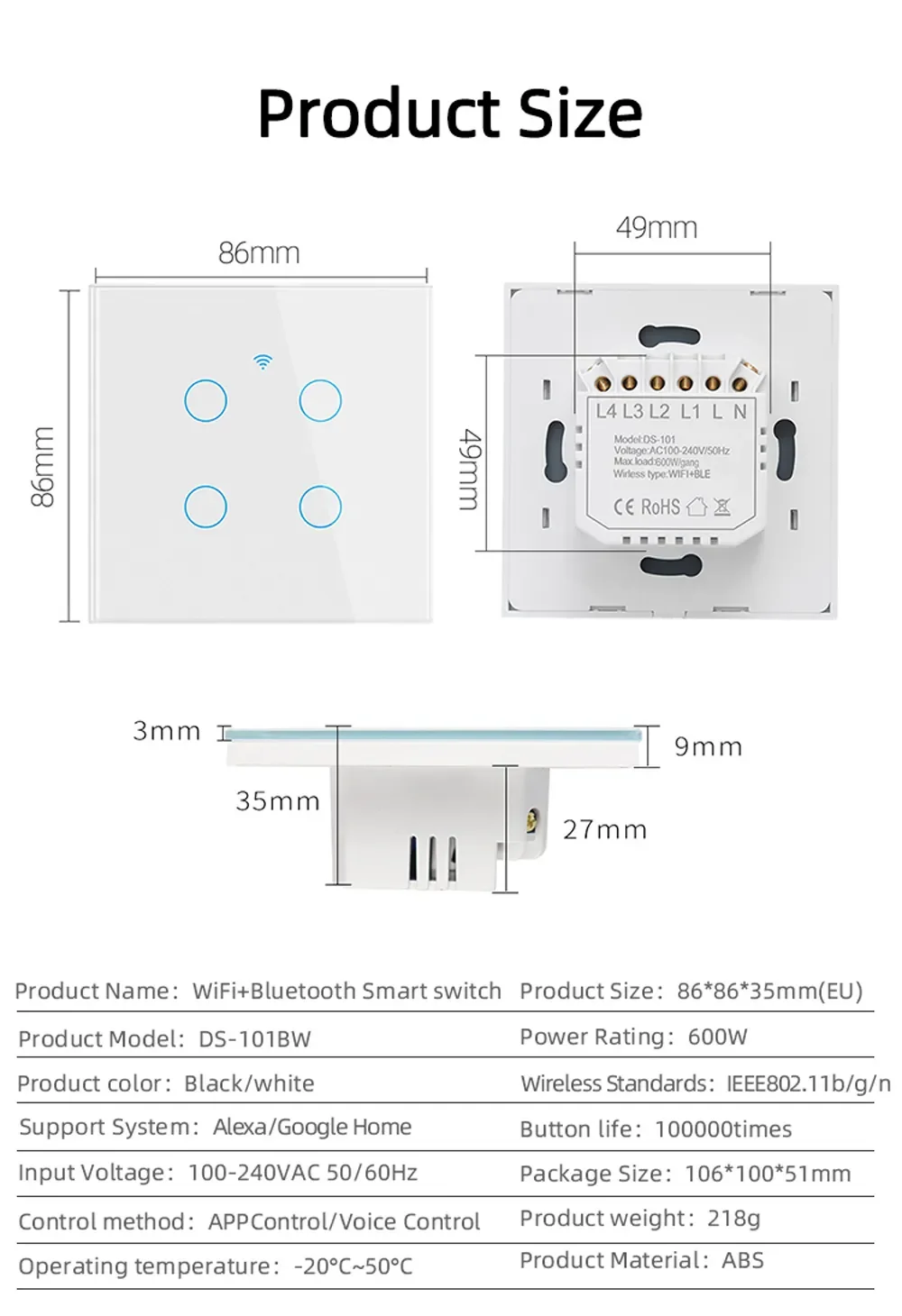 EU Standard Tuya/Smart Life Wifi Smart Light Switch Touch Panel Glass Control Wireless Wall work with Alexa Echo Google Home