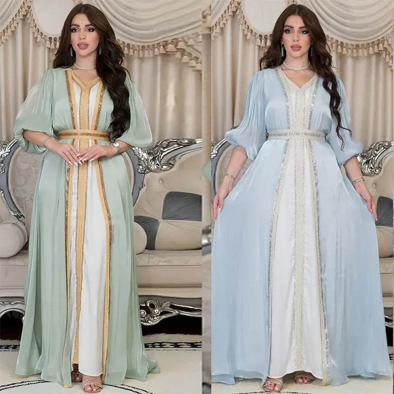 Hot Sale New Muslim Women Plain 3 piece Set Party Dress Gown Dubai Ladies Diamond Silk Satin Clothing Dress Robe Abaya With Belt Buy Muslim Women Ladies Abaya Dubai Abaya Wholesale Maxi Dress Abaya