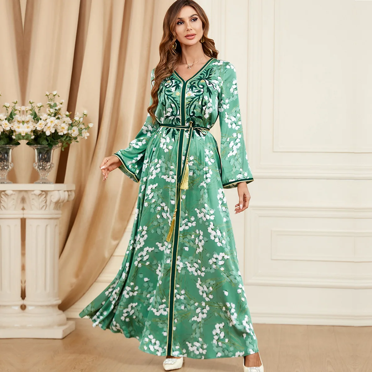 Modest Muslim Women's Long Dresses Autumn New Vintage Mexican Embroidered Floral Dress With Belt Dubai Abaya Wholesale