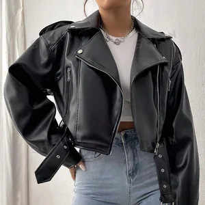 GX23826 Fashion Autumn Winter Ladies Turn Down V-neck Unique Top PU Leather Long Sleeve Zipper Cropped Jacket Women