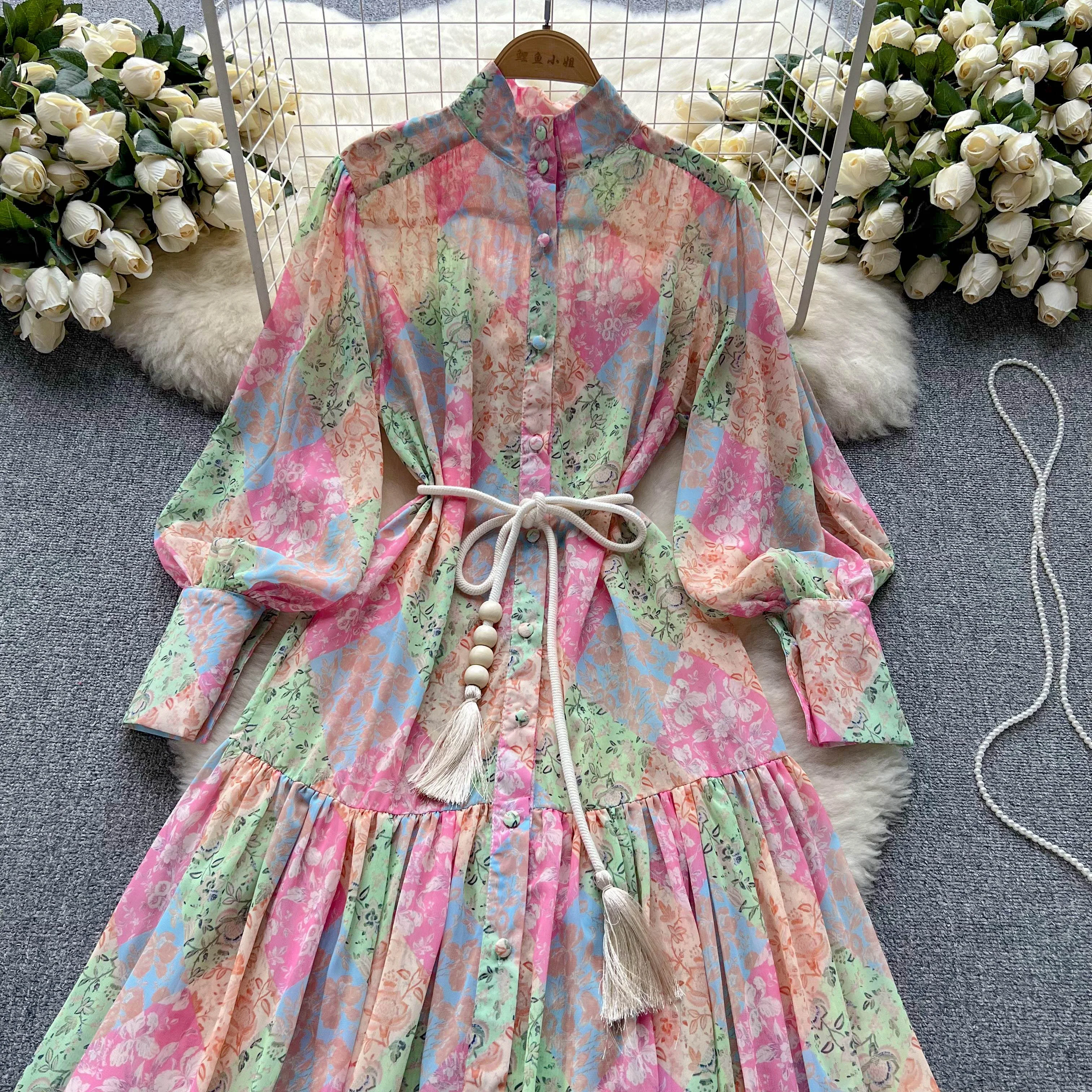 Spring Autumn Thin Long Sleeve Standing Collar Premium Printed Women's Loose Long Chiffon Dresses Spring Autumn Thin Long Sleeve Standing Collar Premium Printed Women's Loose Long Chiffon Dresses