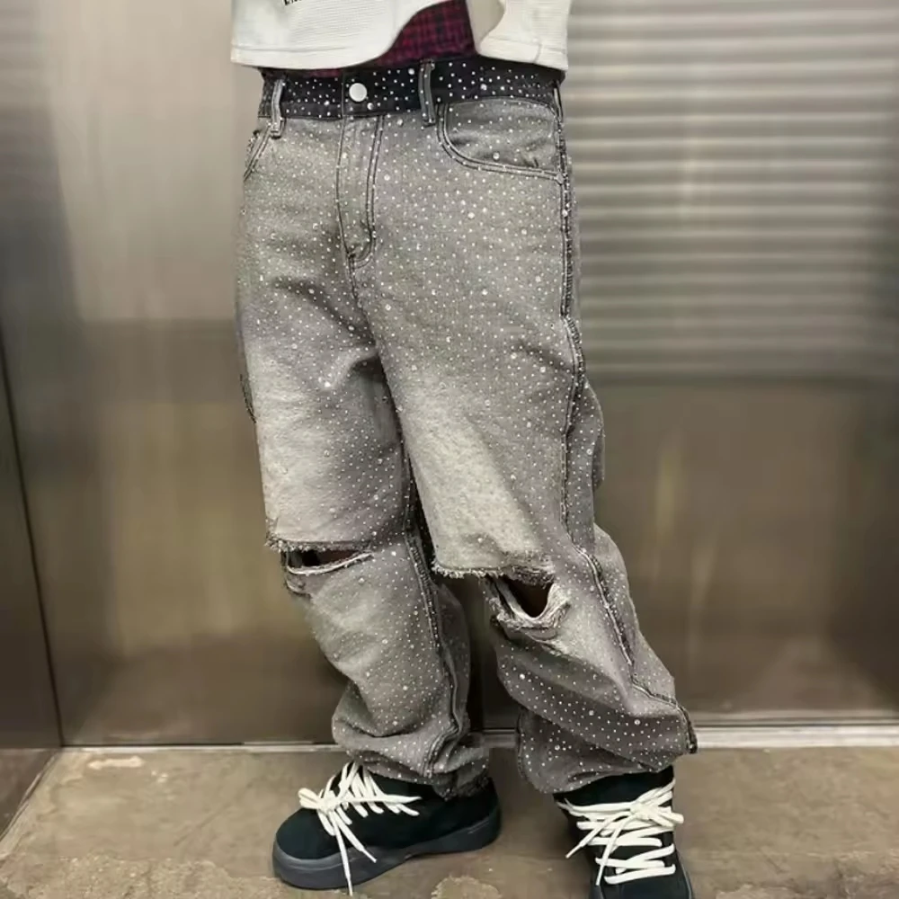 Custom High Winter Destroy Wear Wide-leg Jeans Baggy Inside Out Stitching Hip Hop Jeans Y2k Ripped Rhinestones Men Jeans gallery 2