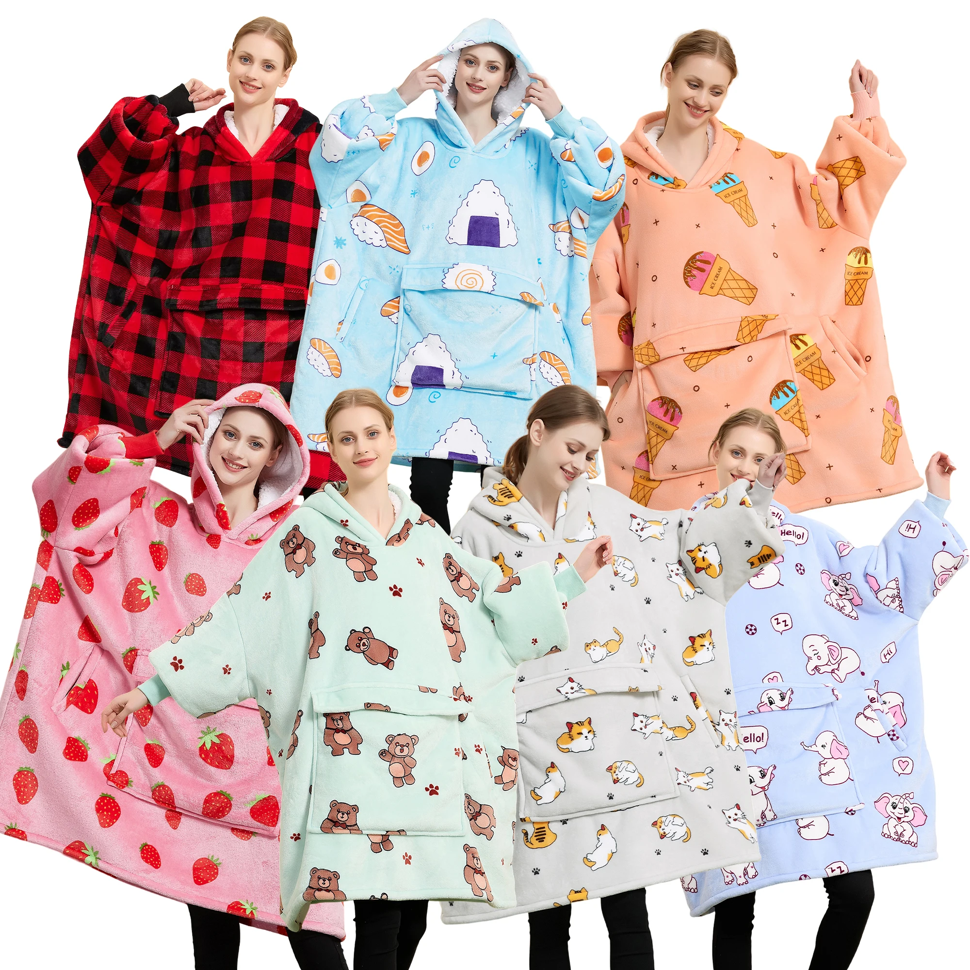 High Quality Winter 100% Polyester Customized Wearable Blanket plush Oversized Fleece Hooded Blanket Hoodie For Adult Kid