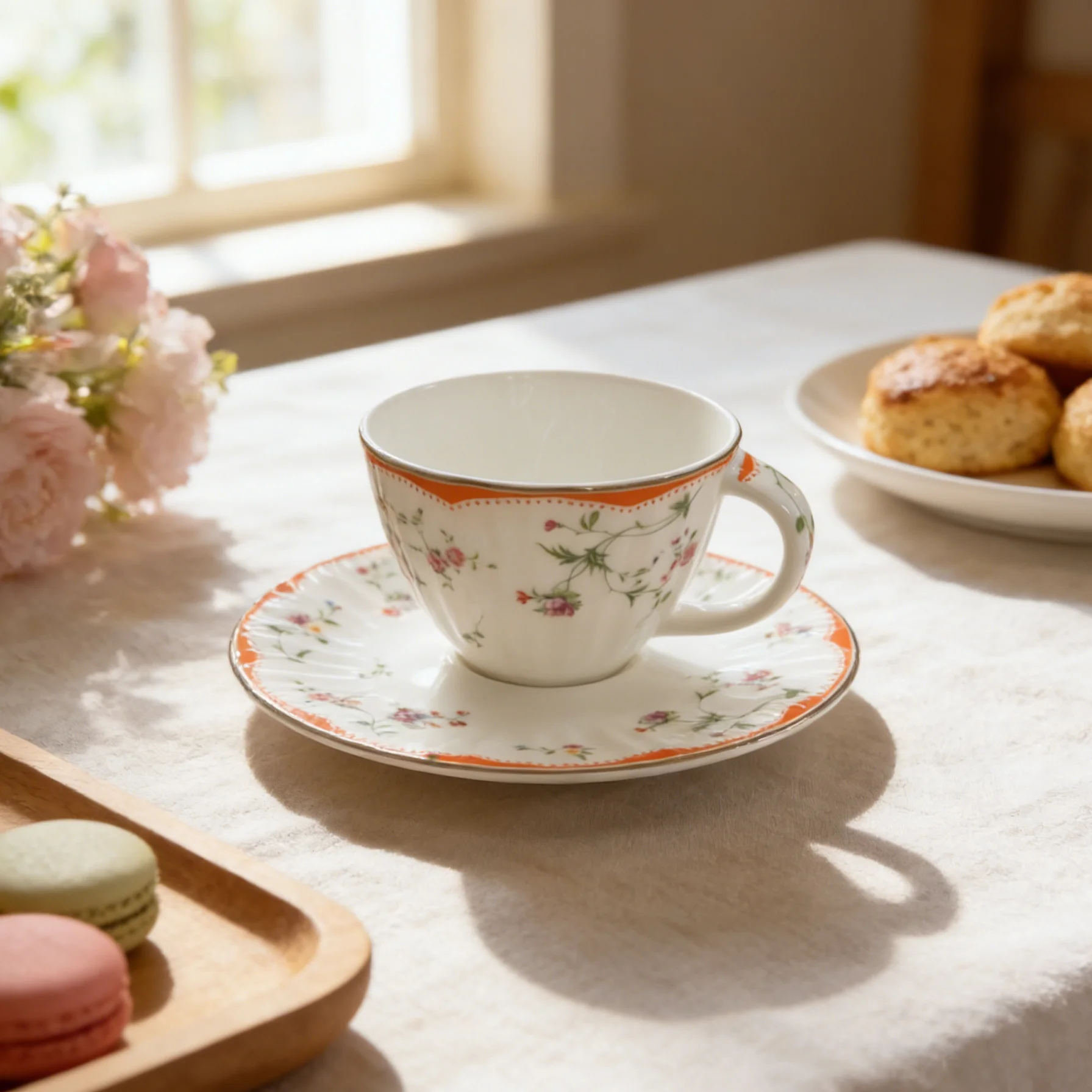 Κλασικό Φλοράτο Σετ Τσαγιέρας και Πιατάκι από Κεραμικό | Με Ακμαντίσια Άκρη και Επίχρυση/Πορτοκαλί Περιθώριο