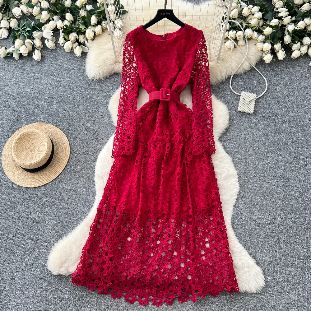 roman lace dresses Lace Dress Roman Dresses Red Summer Roman O-Neck A-Line Midi Dress For  Women Hollow Out Lace Dress