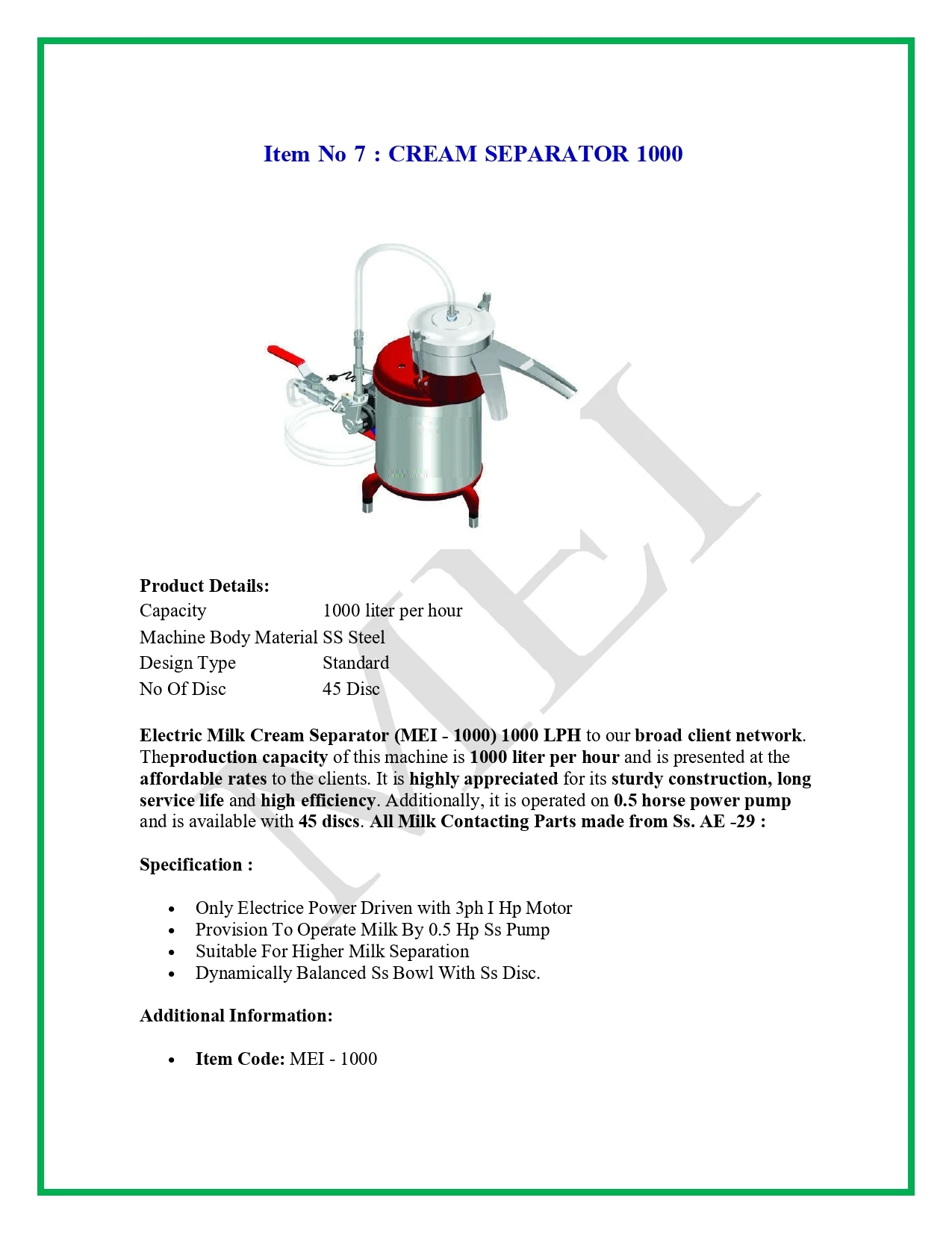 Hot Sale Sanitary Dairy 304 Stainless Steel Milk Cream Separator Electric Motor Butter Churn MEI Brand 220V 2.0KW ISO 13485 Long
