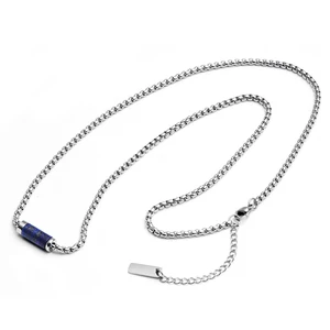 Adjustable Length Women's Stainless Steel Necklace with Lapis Lazuli Inlay 3mm Box Chain Fashion Style for Gift