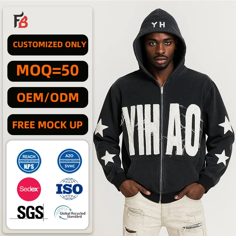 Vintage Custom Men Cropped Boxy 500 Gsm Distressed Applique Patch Embroidered Embroidery Acid Wash Zip up Hoodie