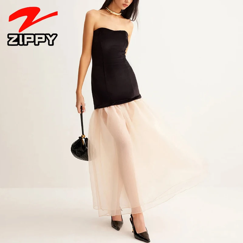 Customization European French-style Strapless Patchwork Silk Skirt Sexy Light Evening Gown Unique Mature Elegant Dress